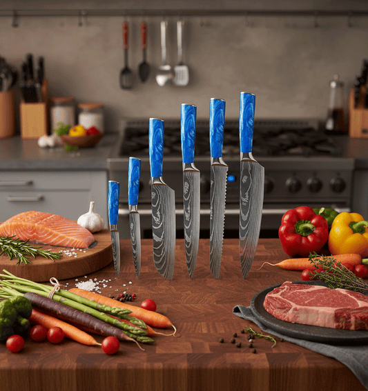 Japanisch inspiriertes 6er-Premium Messer-Set mit Damast-Muster