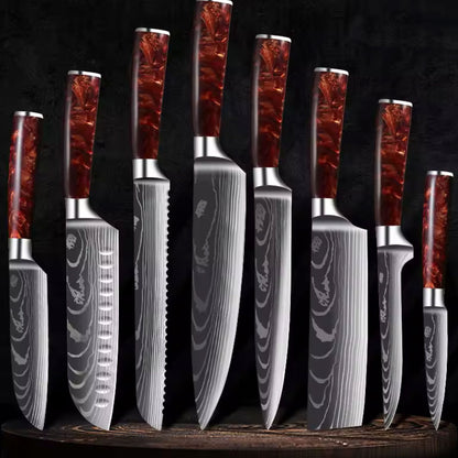 Japanisch inspiriertes 8er-Premium Messer-Set mit Damast-Muster