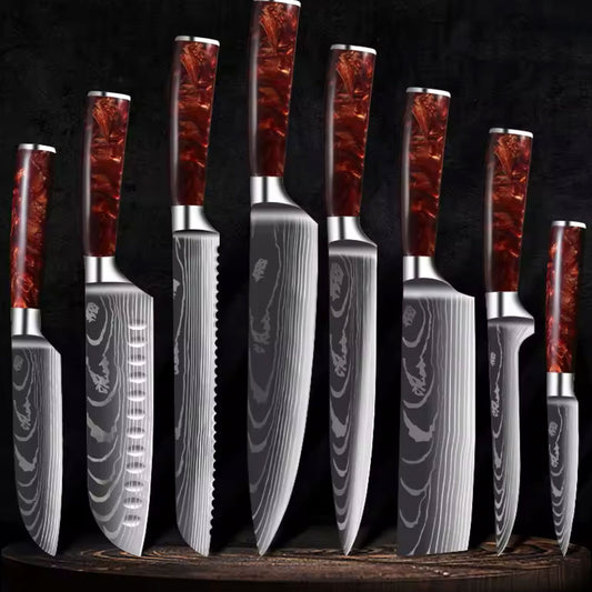 Japanisch inspiriertes 8er-Premium Messer-Set mit Damast-Muster