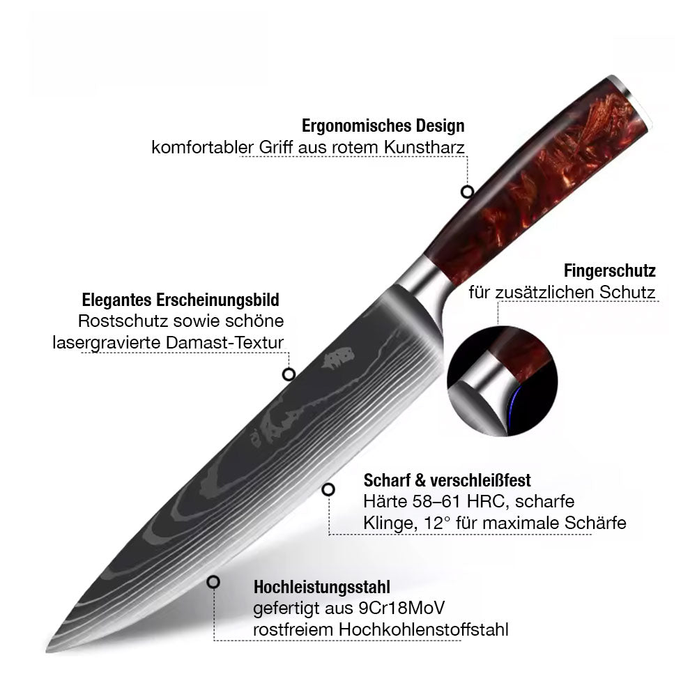 Japanisch inspiriertes 8er-Premium Messer-Set mit Damast-Muster