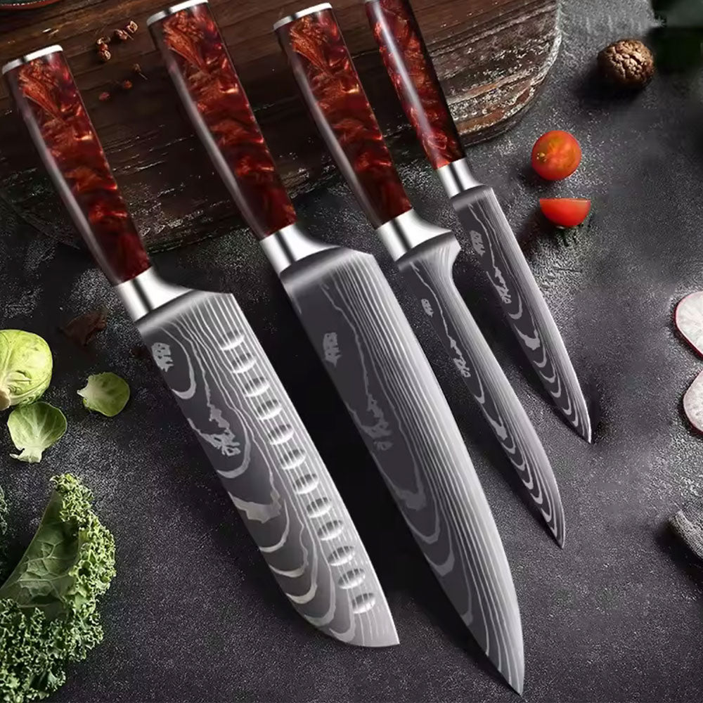 Japanisch inspiriertes 8er-Premium Messer-Set mit Damast-Muster